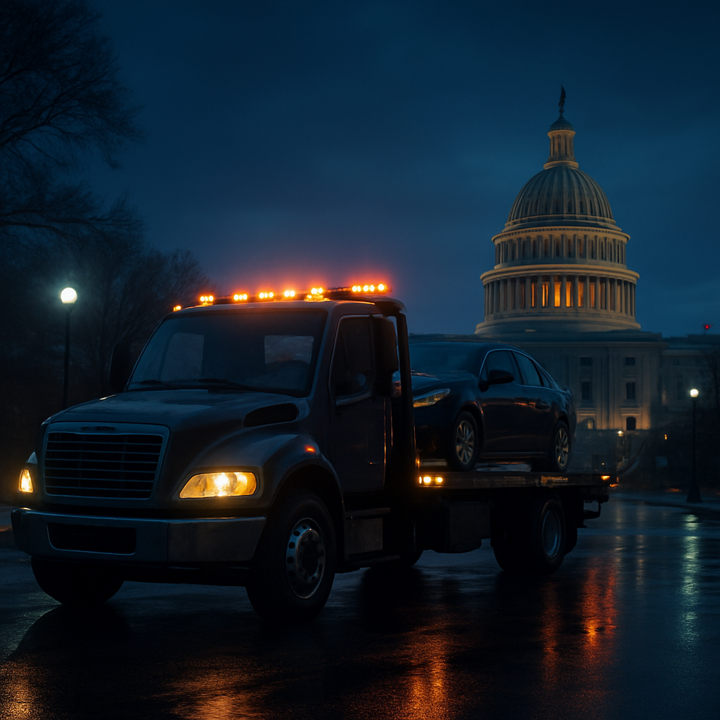 Tow Buddy flatbed tow truck loading a car on a Washington DC street at dusk