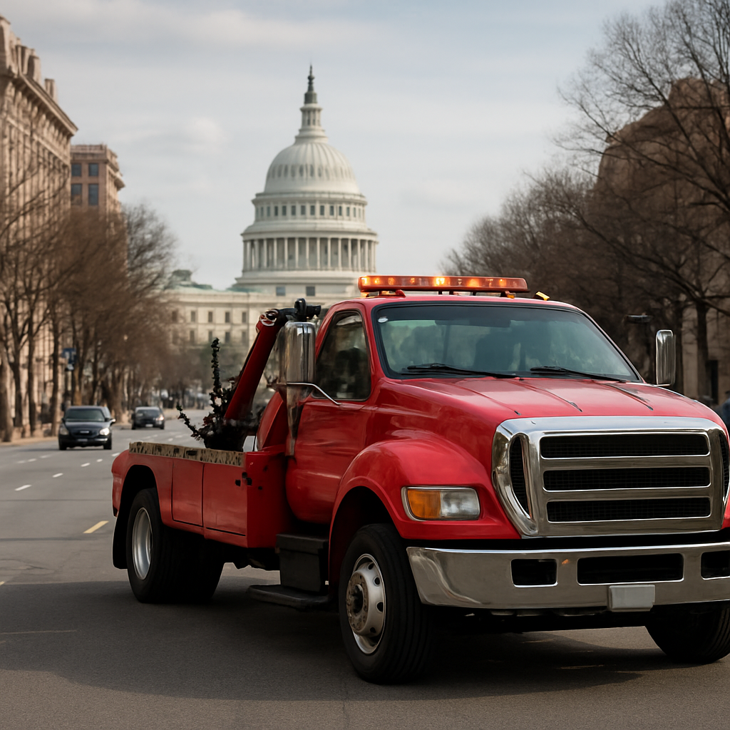 Tow Buddy tow truck on a Washington DC street near the Capitol