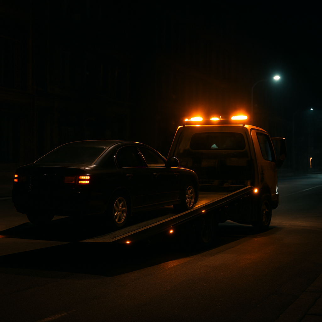 Tow truck loading a car at night on a city street