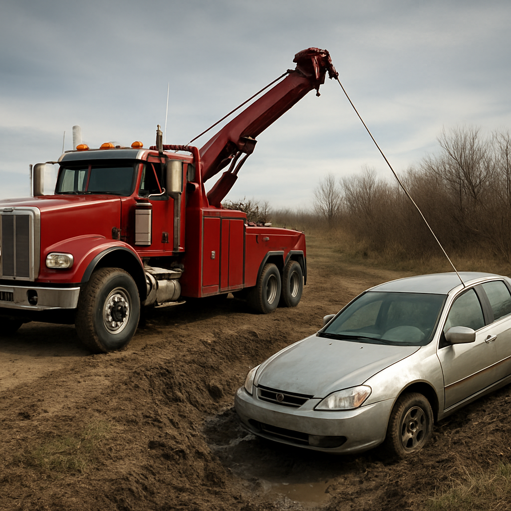 Heavy-duty tow truck winching a vehicle during a recovery