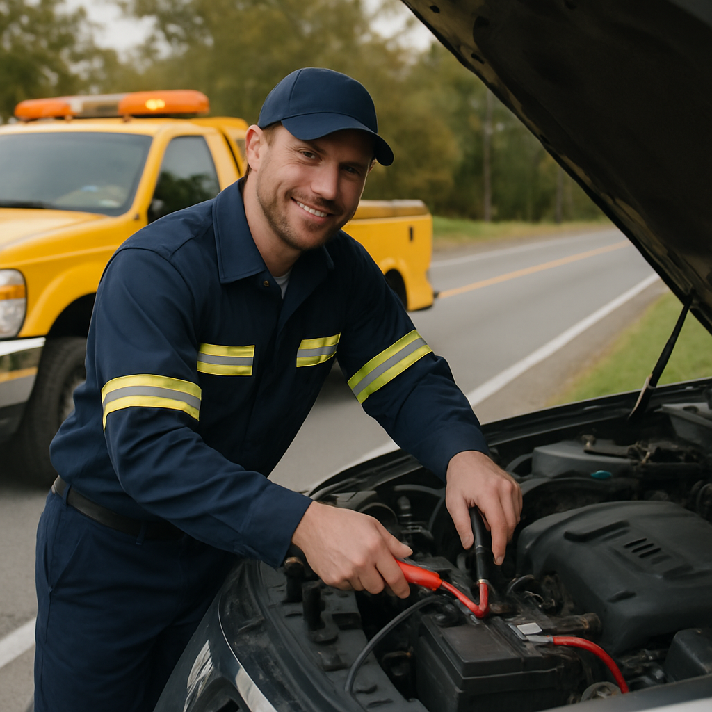 Technician helping a stranded driver at the roadside